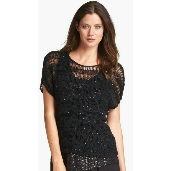 NWOT Eileen Fisher Sequin Chainmail Shadow Stripe Black Knit Sweater SZ Large - Picture 1 of 16